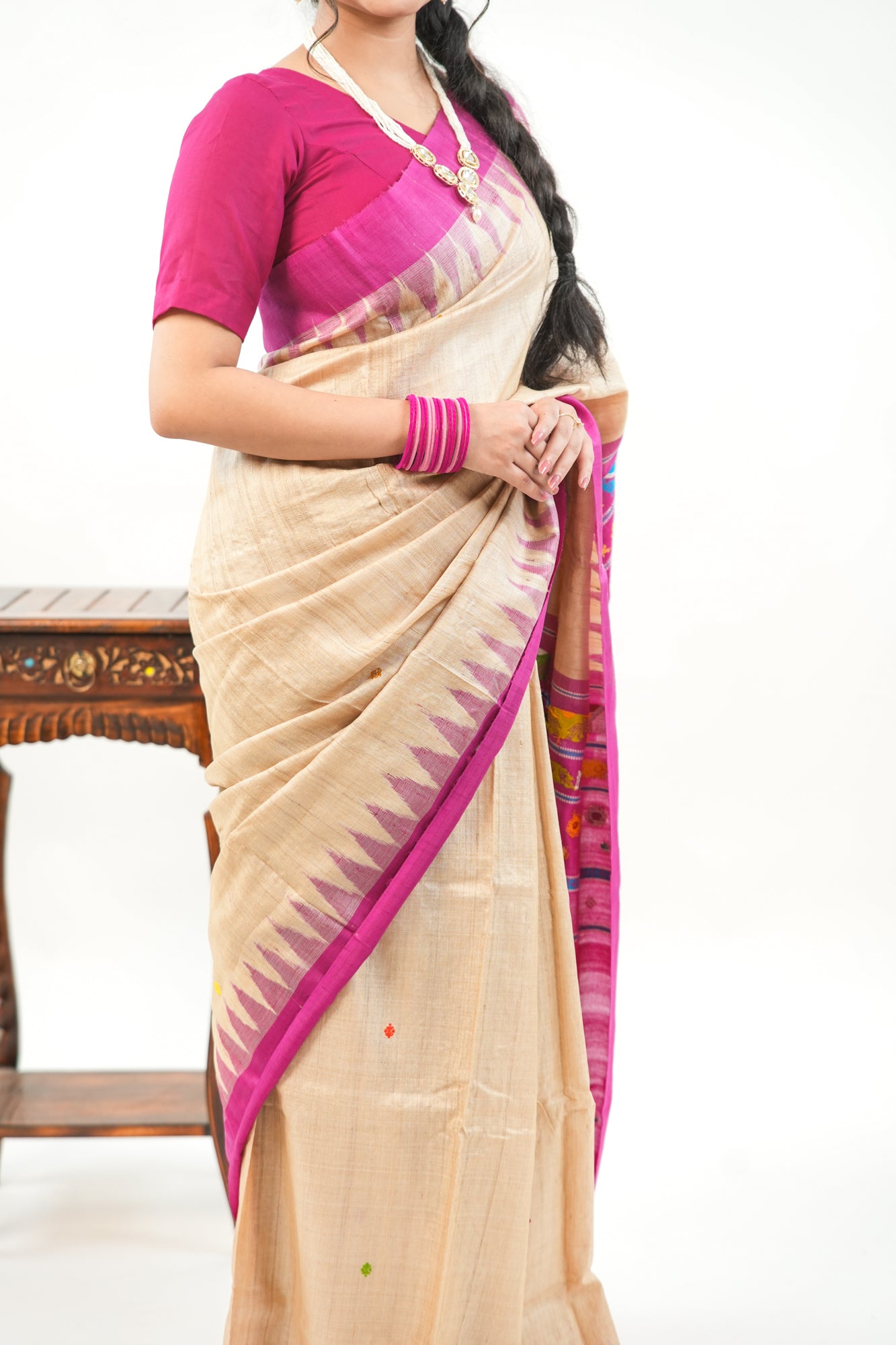 Natural Beige Tussar Silk Saree with Magenta Temple Border