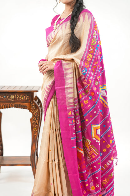 Natural Beige Tussar Silk Saree with Magenta Temple Border