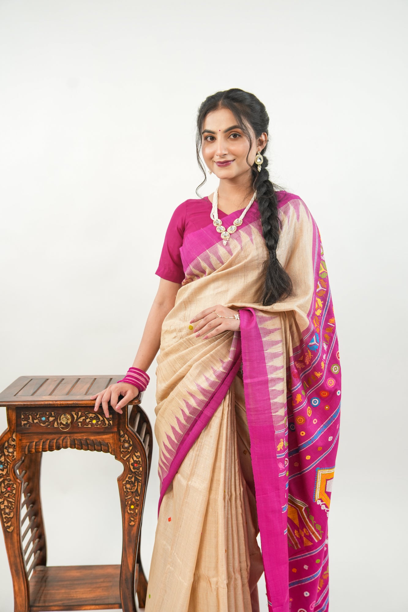 Natural Beige Tussar Silk Saree with Magenta Temple Border