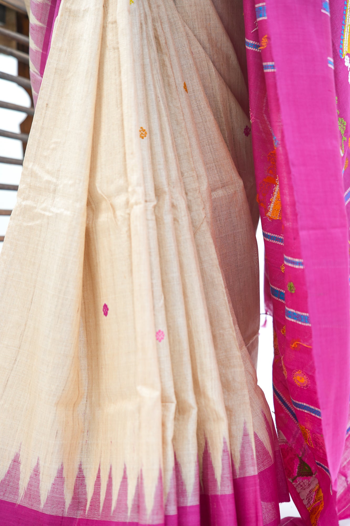 Natural Beige Tussar Silk Saree with Magenta Temple Border