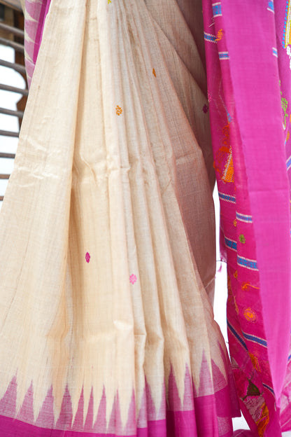 Natural Beige Tussar Silk Saree with Magenta Temple Border