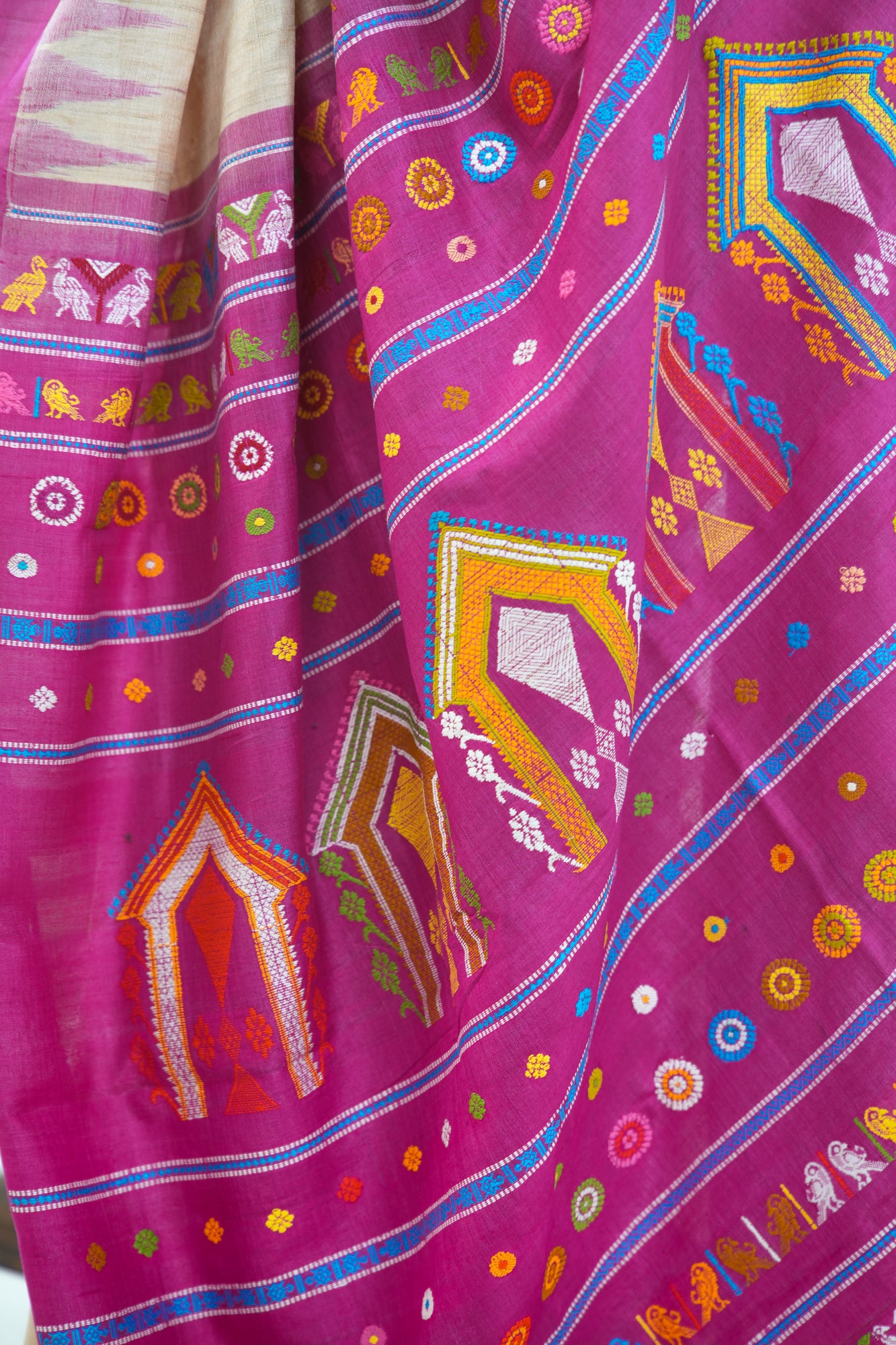 Natural Beige Tussar Silk Saree with Magenta Temple Border