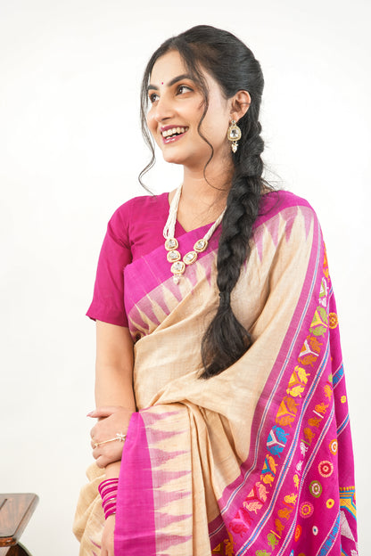 Natural Beige Tussar Silk Saree with Magenta Temple Border