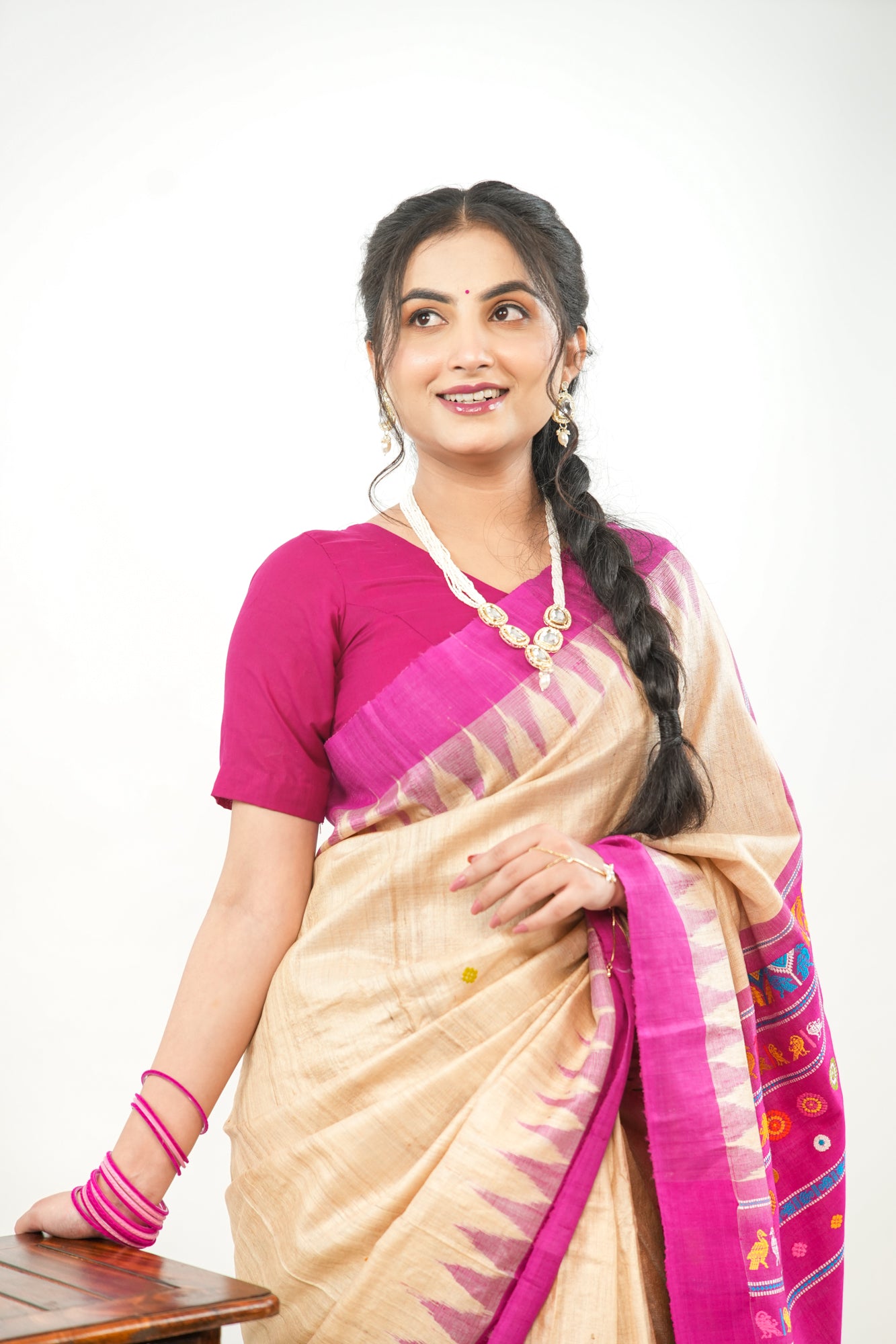 Natural Beige Tussar Silk Saree with Magenta Temple Border