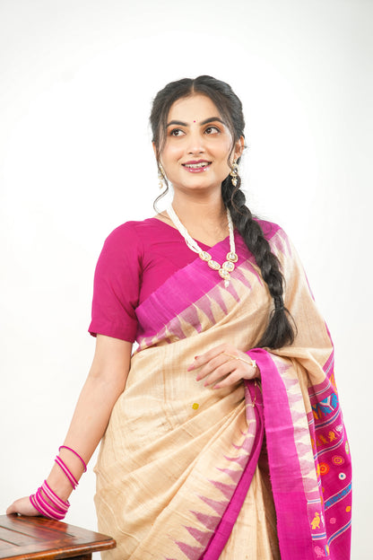 Natural Beige Tussar Silk Saree with Magenta Temple Border