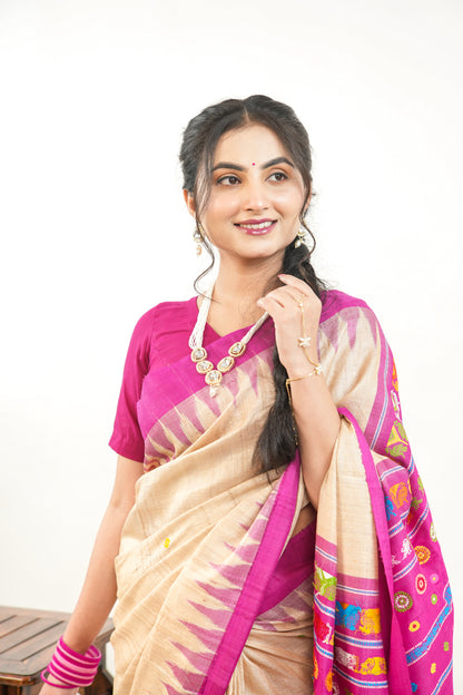 Natural Beige Tussar Silk Saree with Magenta Temple Border