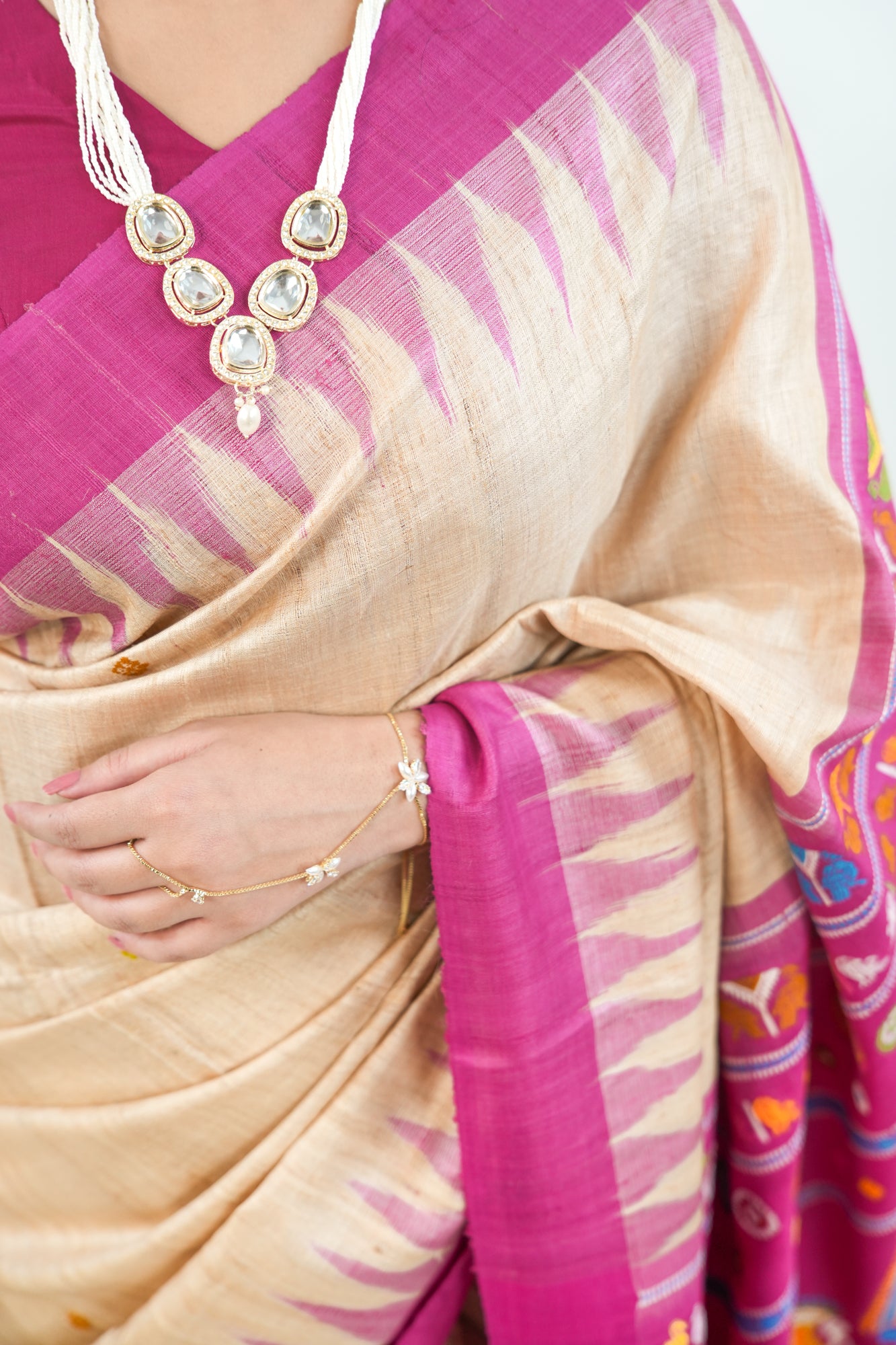 Natural Beige Tussar Silk Saree with Magenta Temple Border