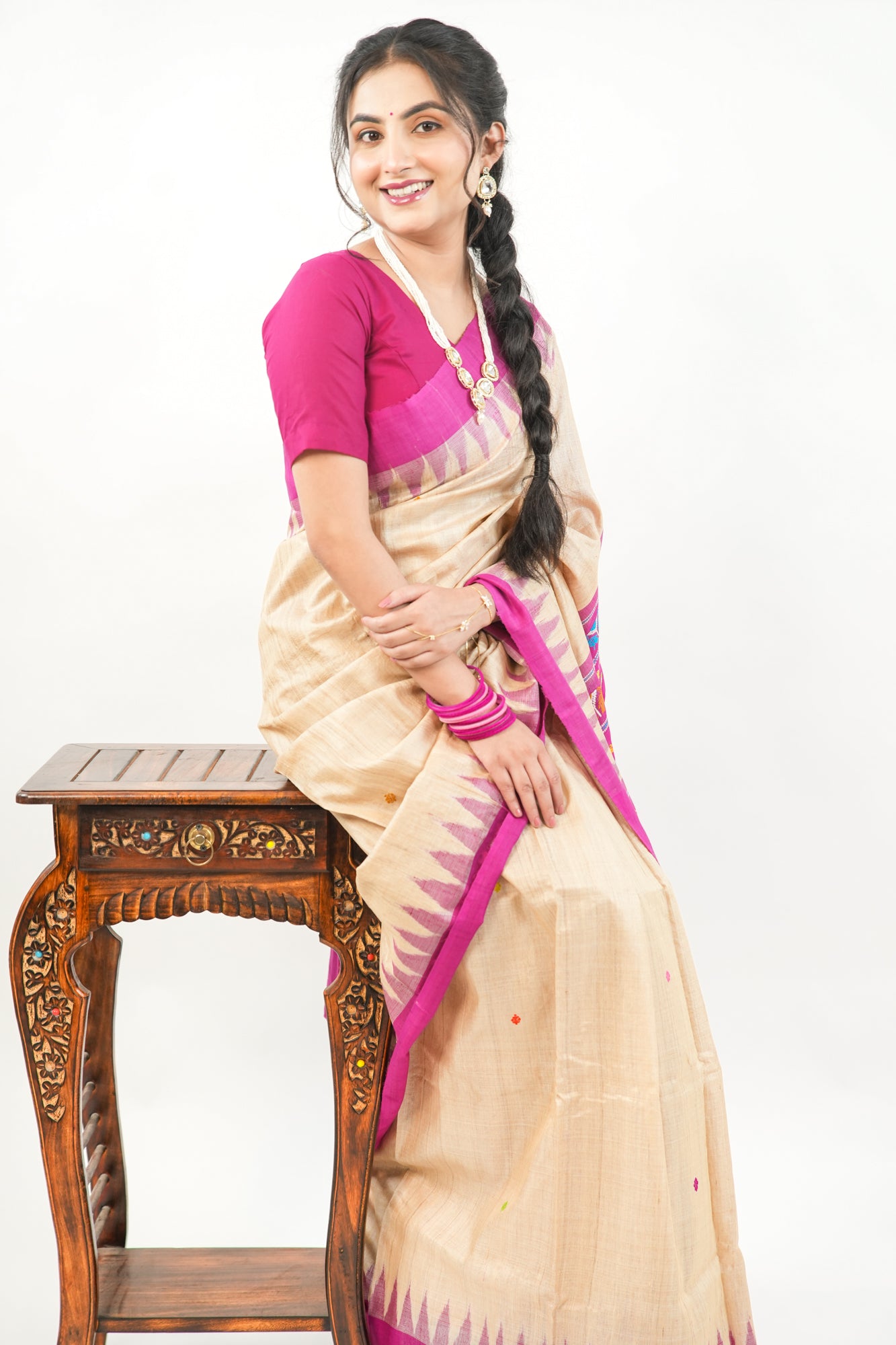 Natural Beige Tussar Silk Saree with Magenta Temple Border