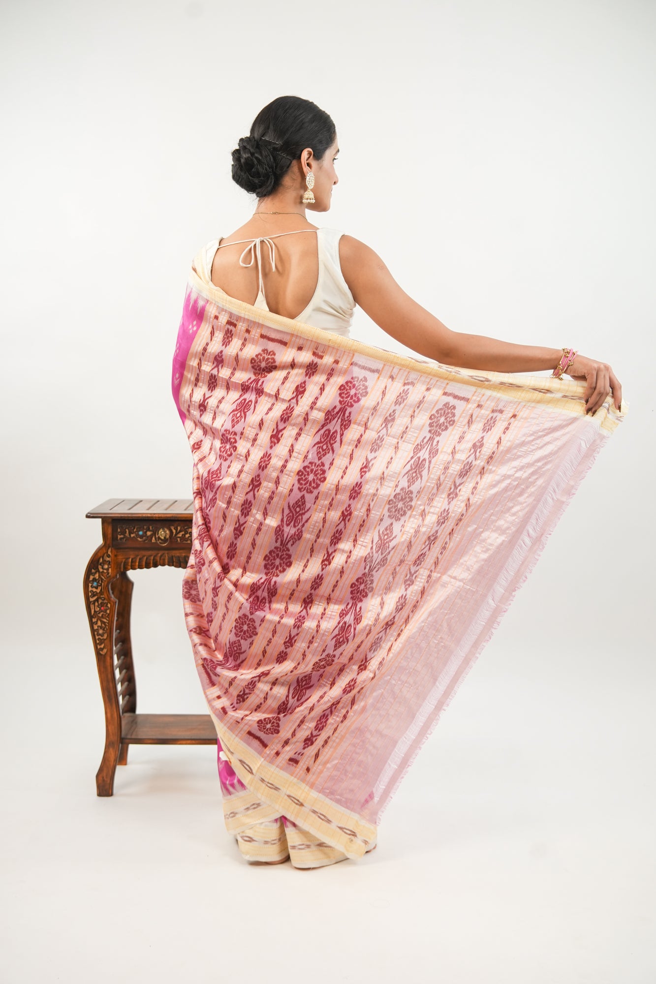 Rani Pink & Cream Khandua Silk Saree with Temple Butti Ikat