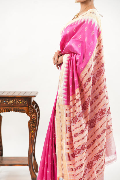 Rani Pink & Cream Khandua Silk Saree with Temple Butti Ikat