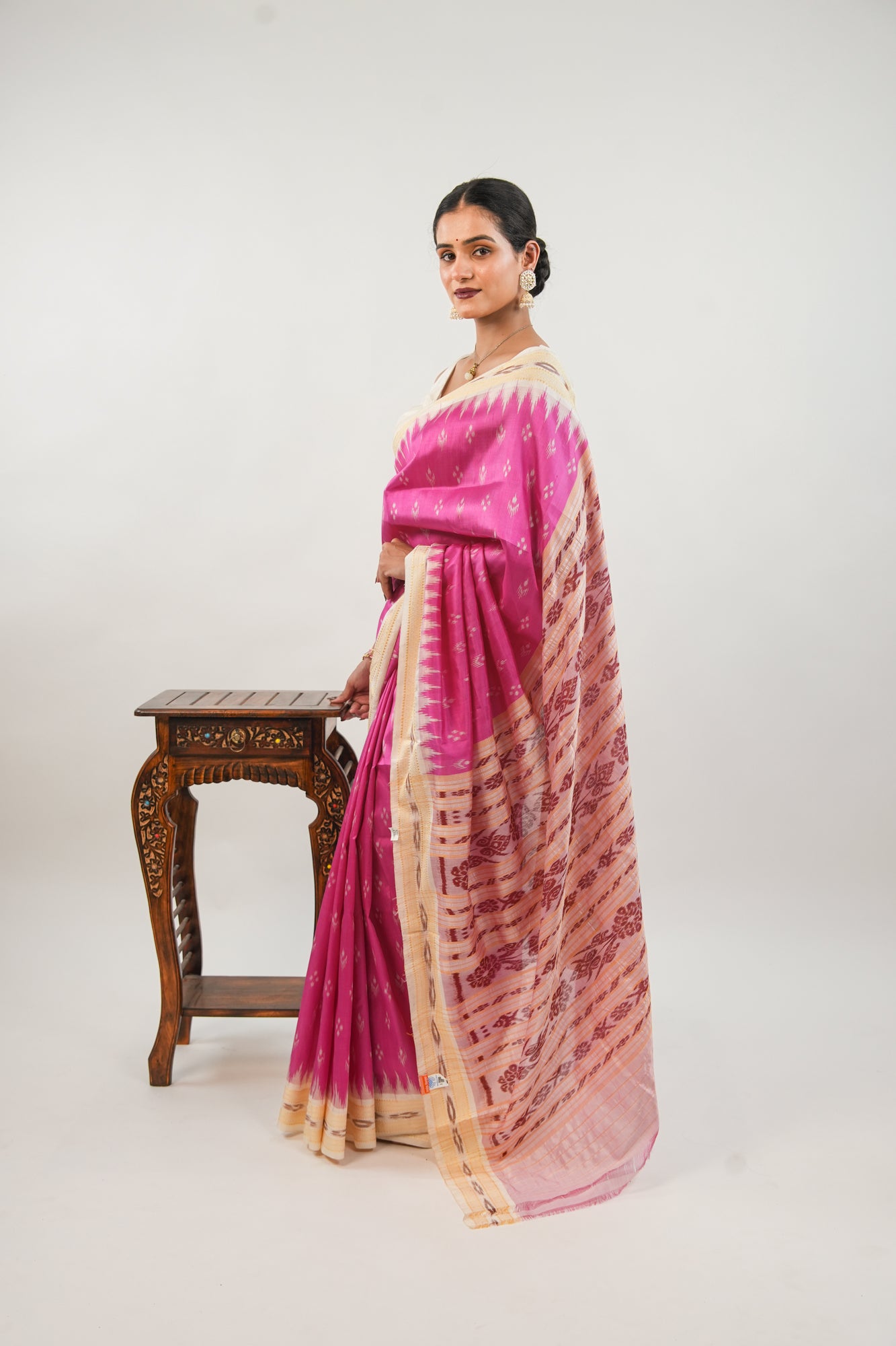Rani Pink & Cream Khandua Silk Saree with Temple Butti Ikat