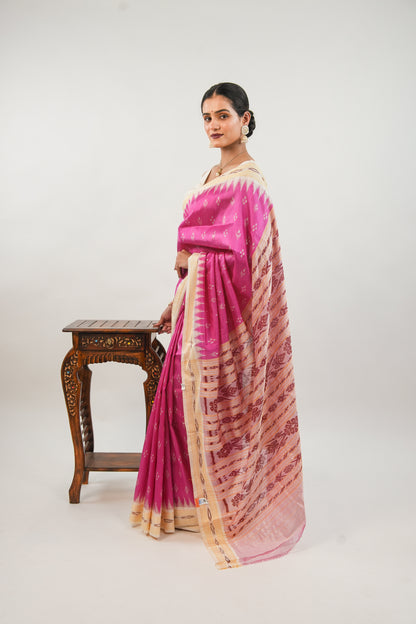 Rani Pink & Cream Khandua Silk Saree with Temple Butti Ikat