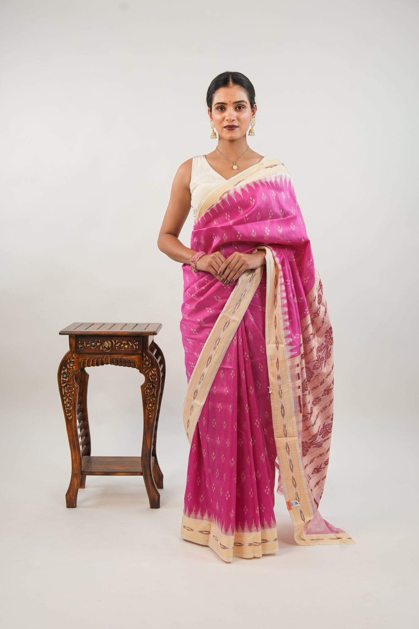 Rani Pink & Cream Khandua Silk Saree with Temple Butti Ikat
