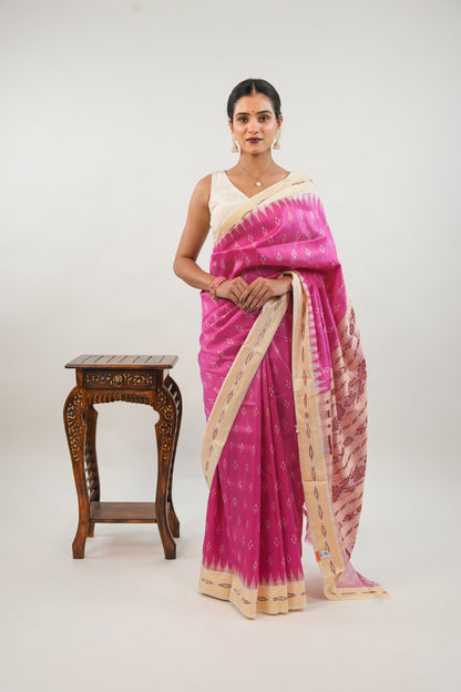 Rani Pink & Cream Khandua Silk Saree with Temple Butti Ikat