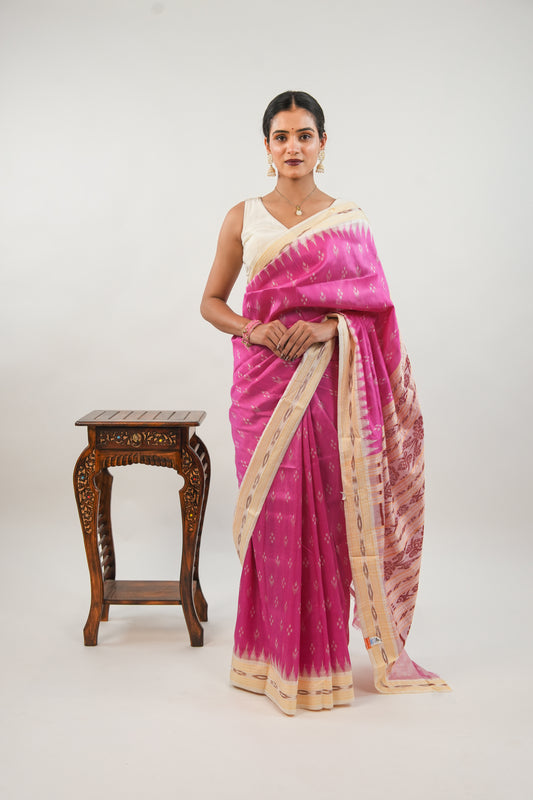 Rani Pink & Cream Khandua Silk Saree with Temple Butti Ikat