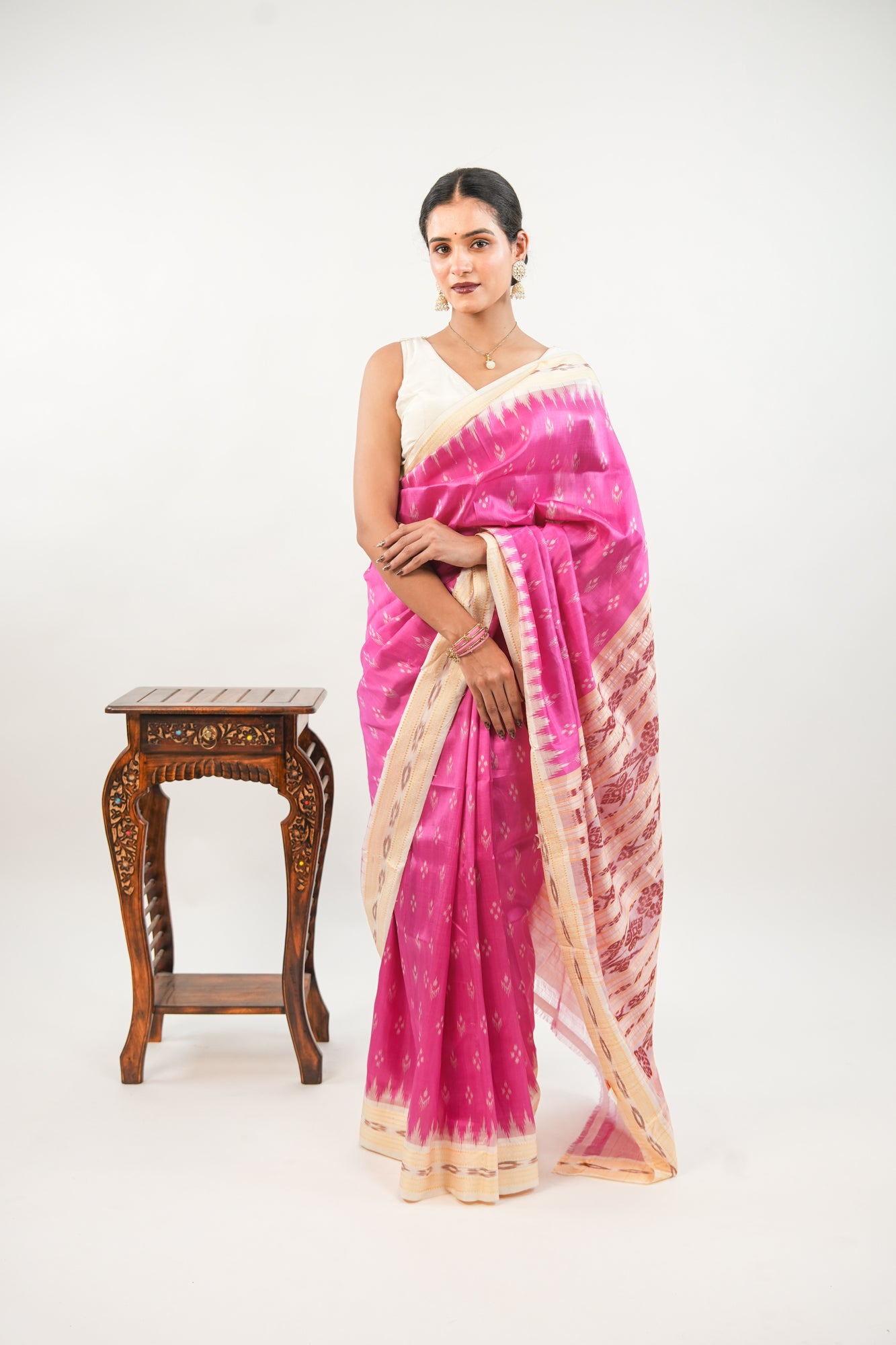 Rani Pink & Cream Khandua Silk Saree with Temple Butti Ikat