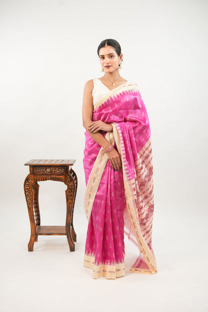 Rani Pink & Cream Khandua Silk Saree with Temple Butti Ikat