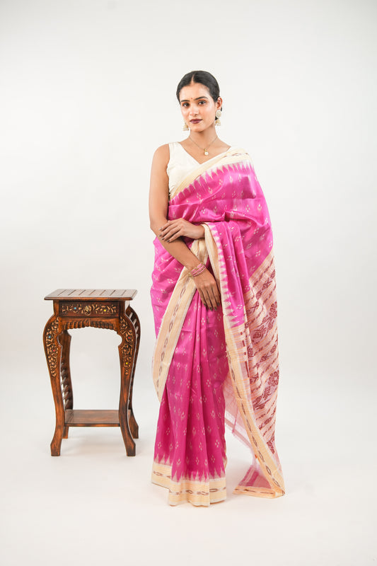 Rani Pink & Cream Khandua Silk Saree with Temple Butti Ikat