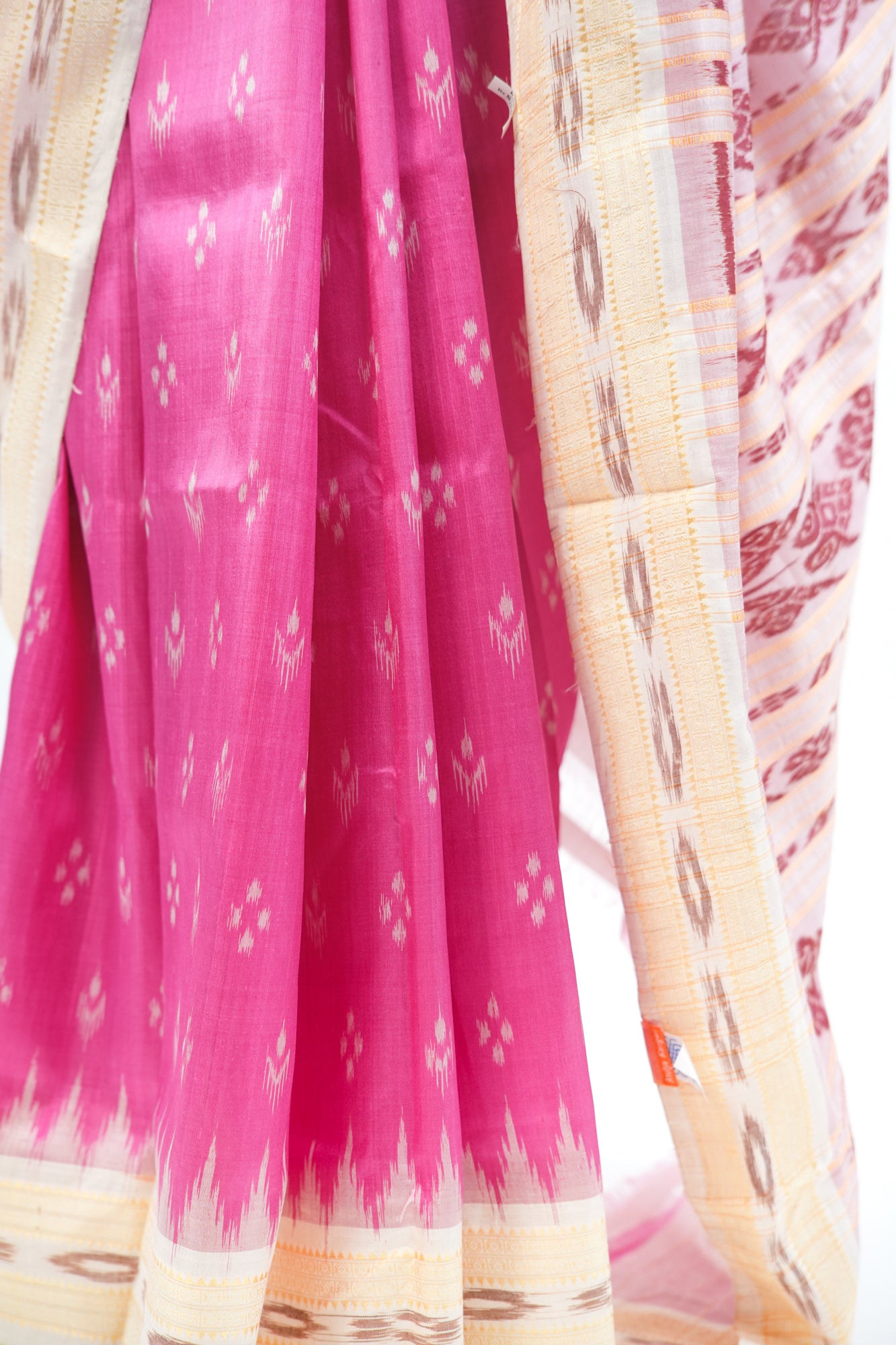 Rani Pink & Cream Khandua Silk Saree with Temple Butti Ikat