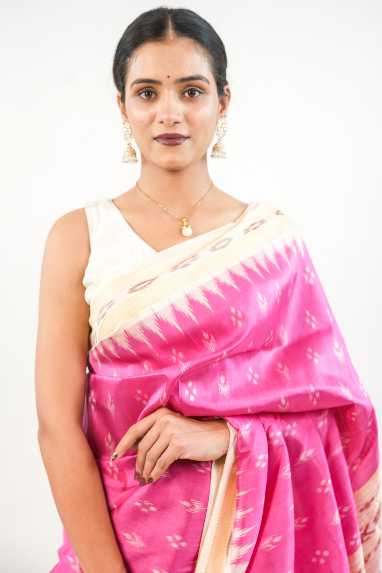 Rani Pink & Cream Khandua Silk Saree with Temple Butti Ikat