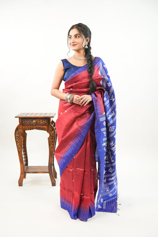 Brick Red Tussar Silk Saree with Royal Blue Temple Border