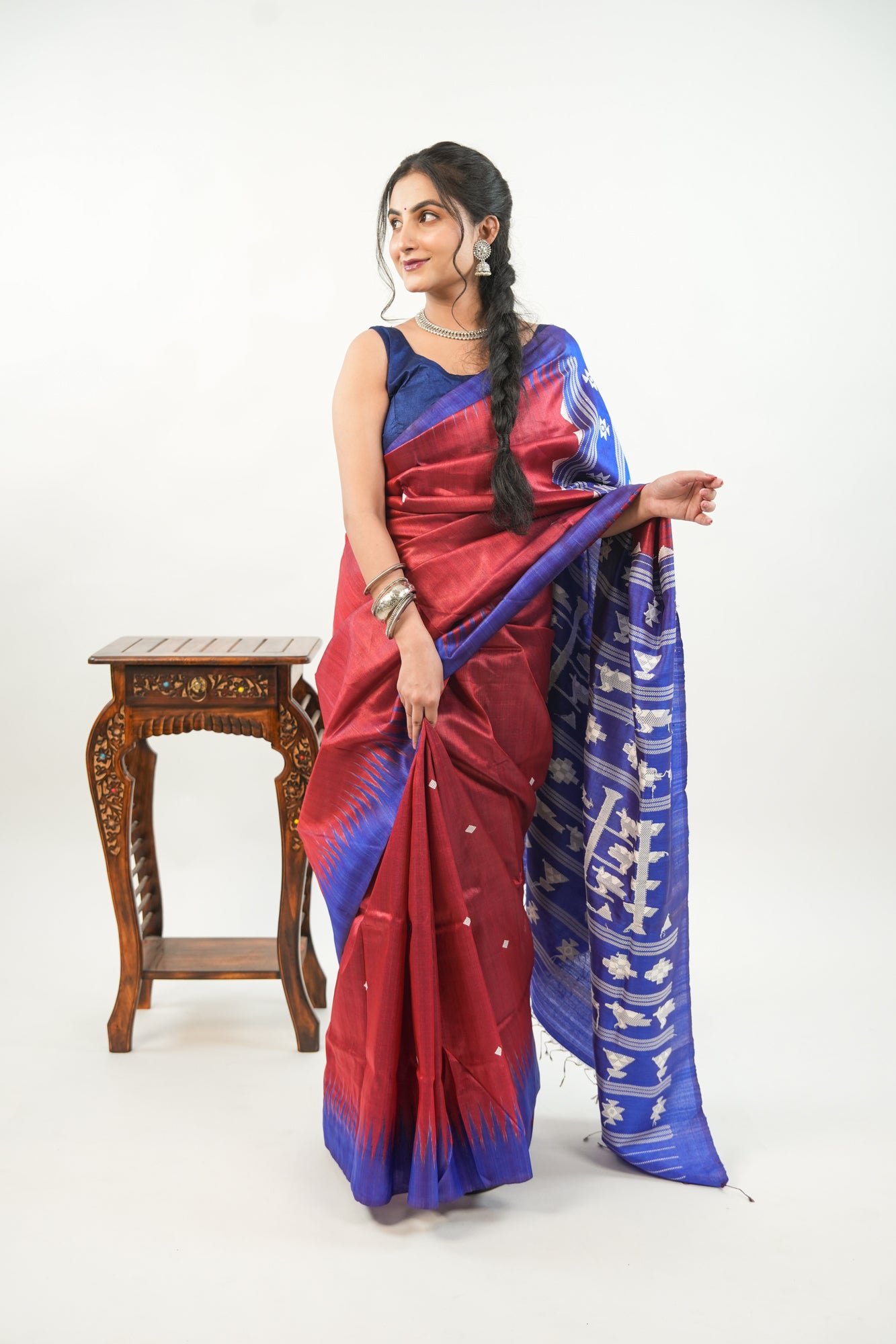Brick Red Tussar Silk Saree with Royal Blue Temple Border
