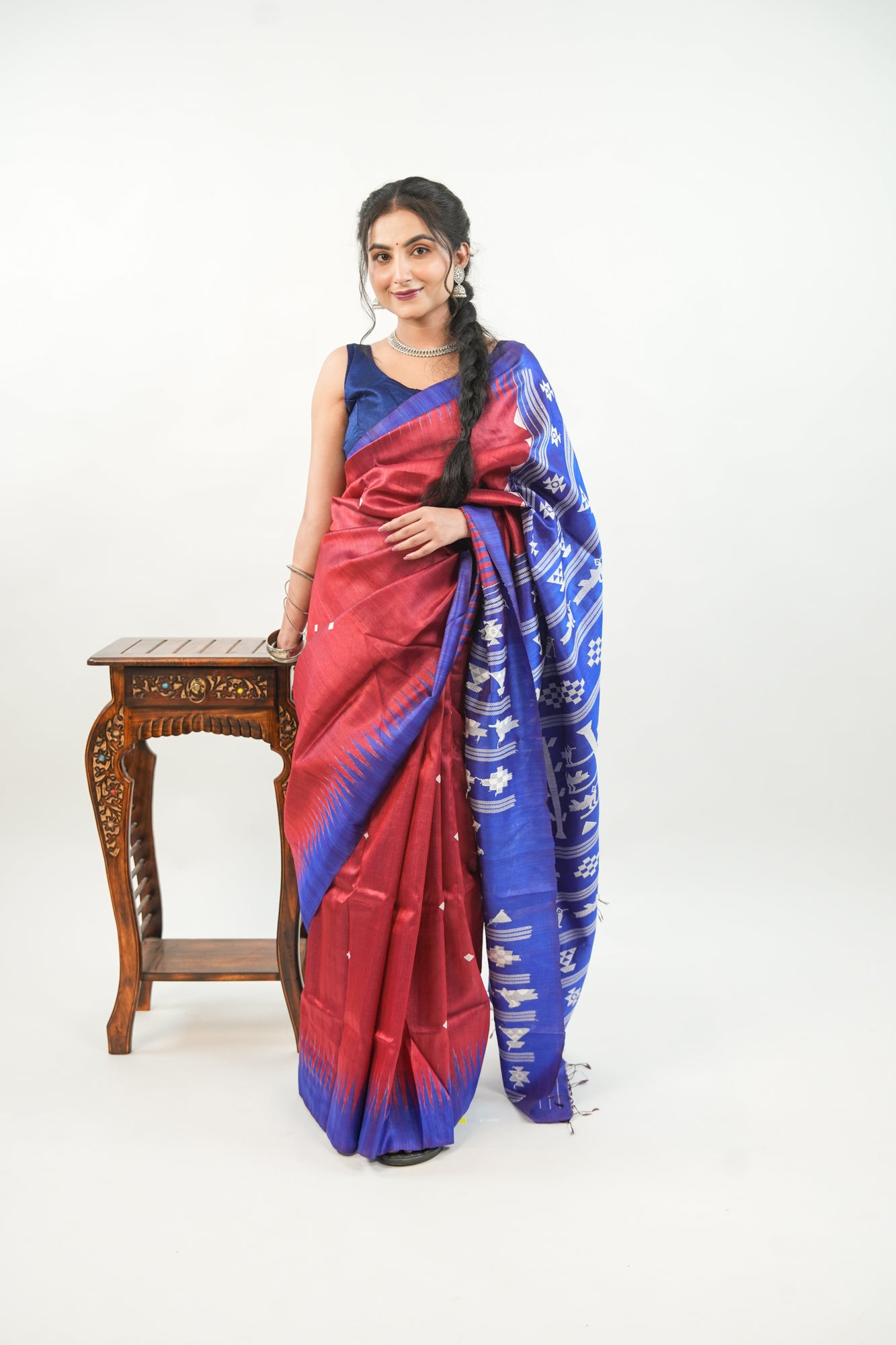 Brick Red Tussar Silk Saree with Royal Blue Temple Border