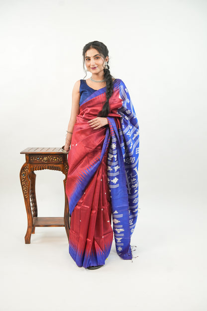 Brick Red Tussar Silk Saree with Royal Blue Temple Border