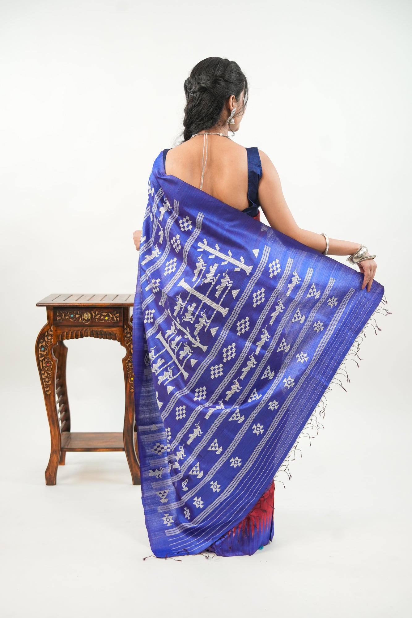 Brick Red Tussar Silk Saree with Royal Blue Temple Border