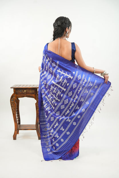 Brick Red Tussar Silk Saree with Royal Blue Temple Border