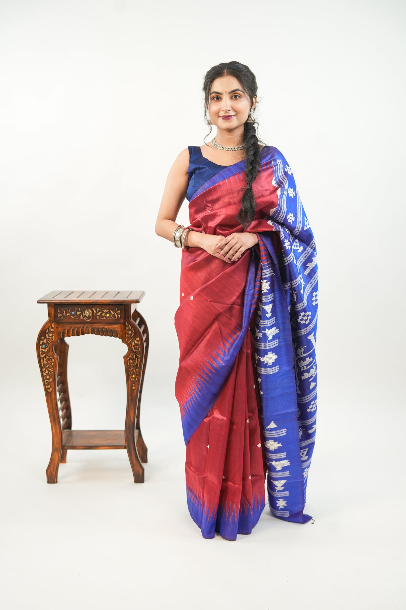 Brick Red Tussar Silk Saree with Royal Blue Temple Border