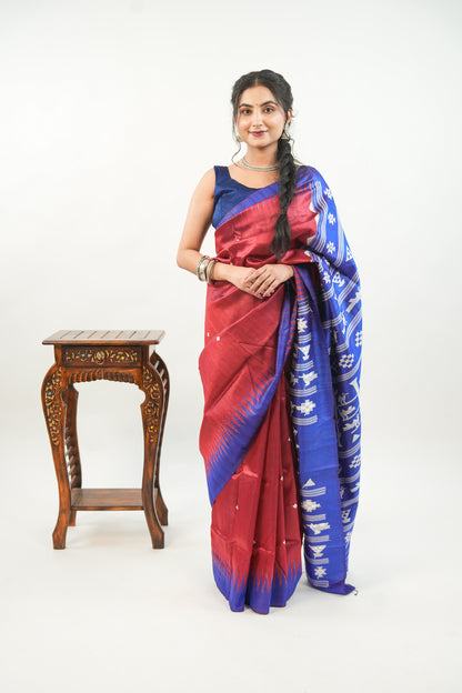 Brick Red Tussar Silk Saree with Royal Blue Temple Border