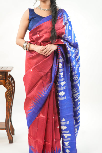 Brick Red Tussar Silk Saree with Royal Blue Temple Border