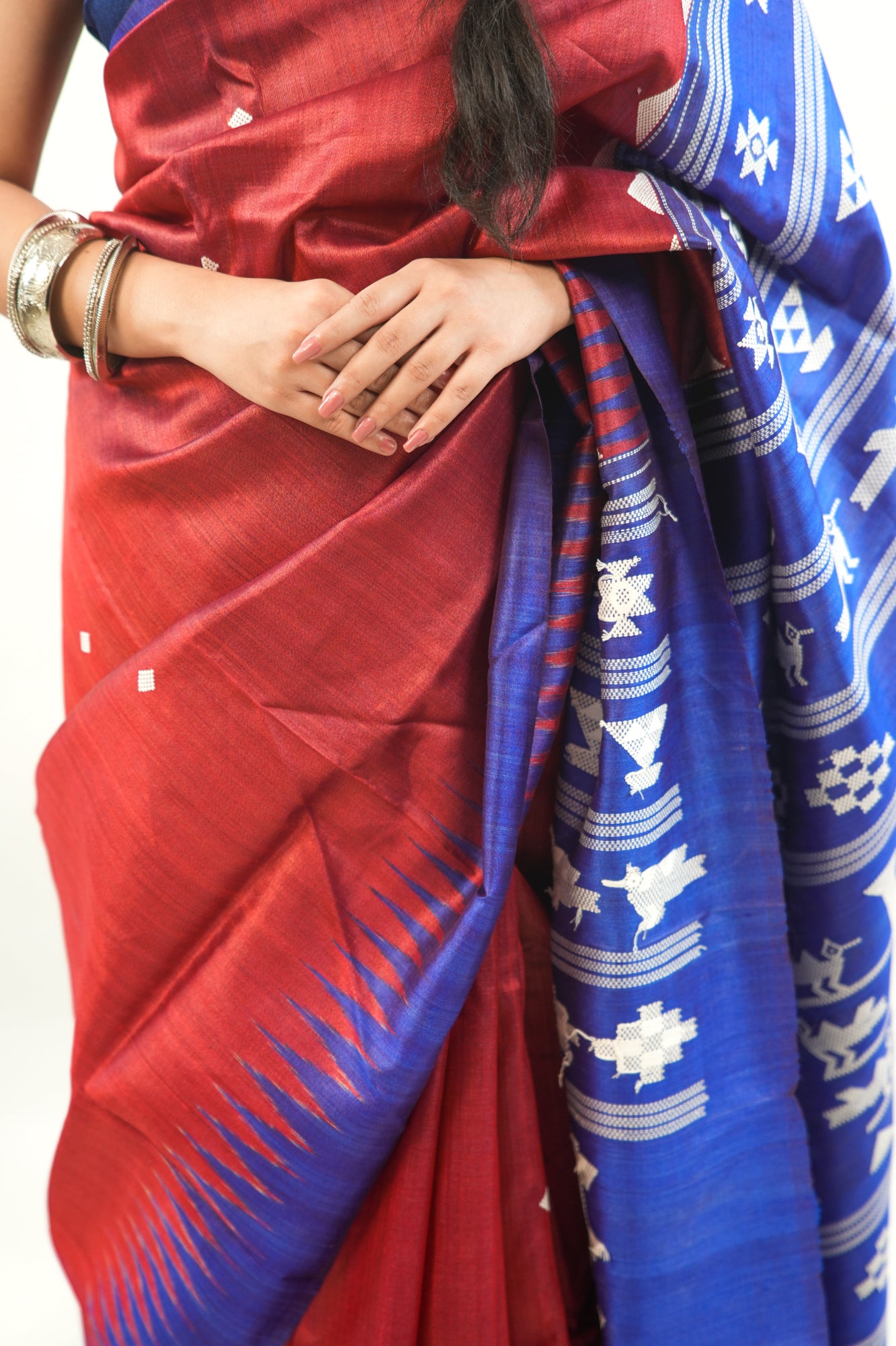 Brick Red Tussar Silk Saree with Royal Blue Temple Border
