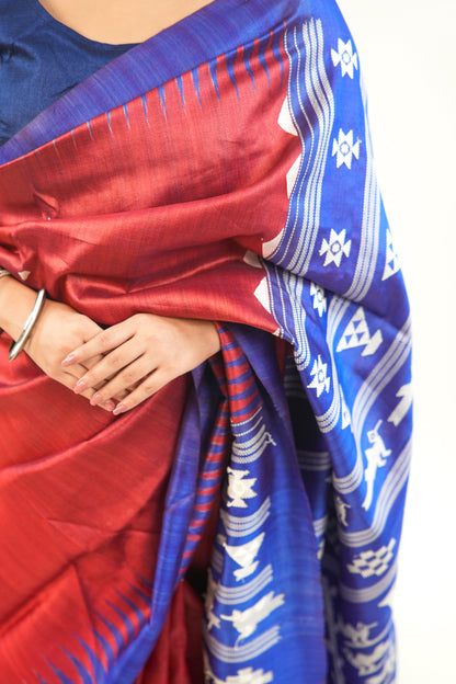 Brick Red Tussar Silk Saree with Royal Blue Temple Border