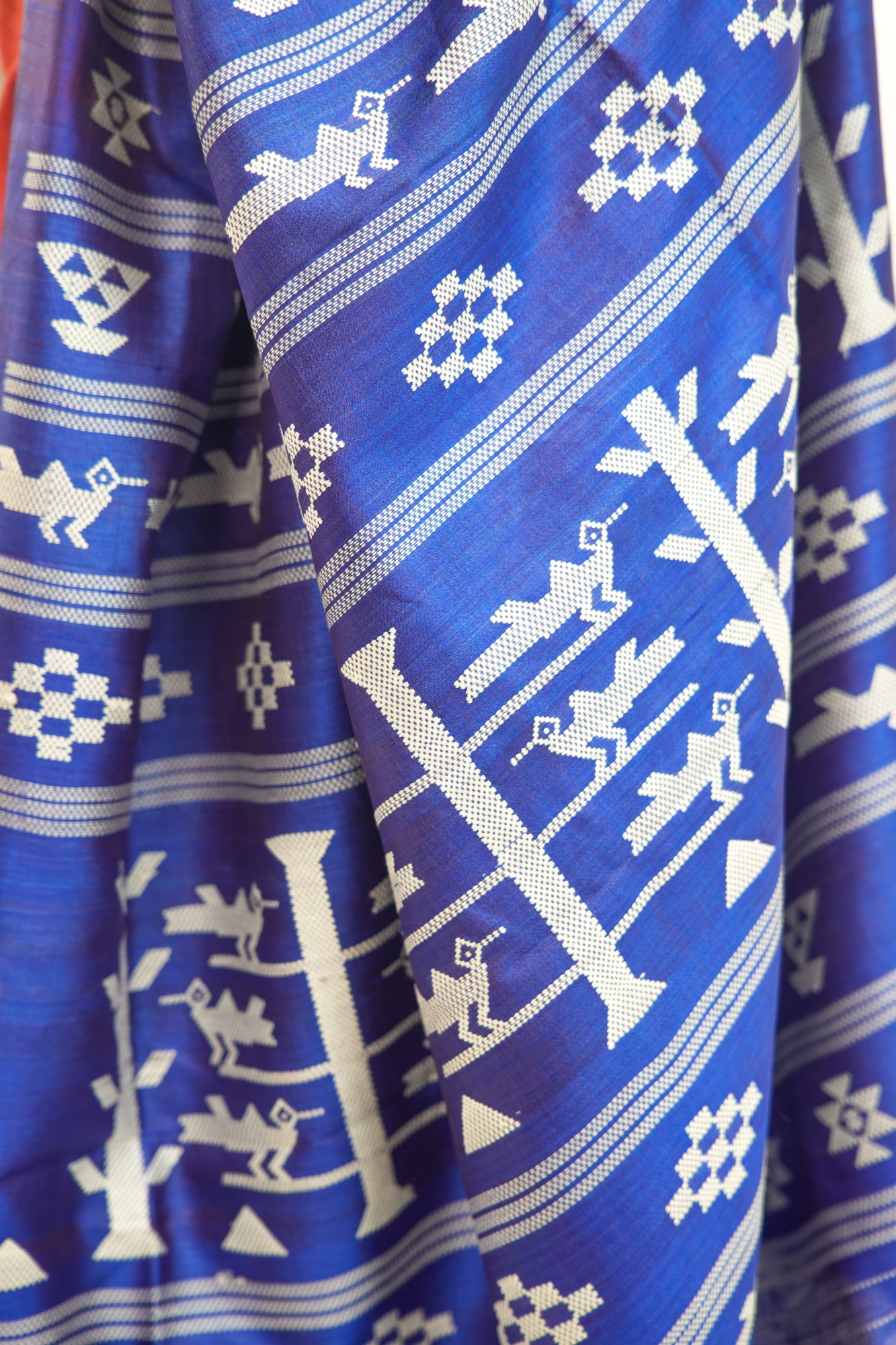 Brick Red Tussar Silk Saree with Royal Blue Temple Border