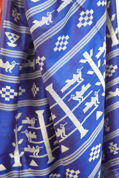 Brick Red Tussar Silk Saree with Royal Blue Temple Border