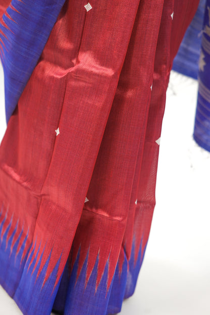 Brick Red Tussar Silk Saree with Royal Blue Temple Border