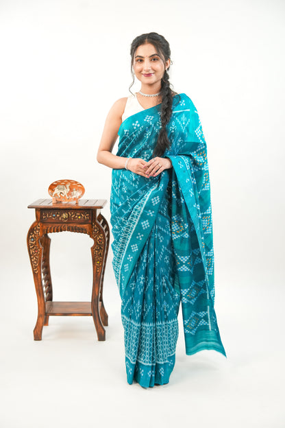 Sea Green Khandua Silk Saree with Wave & Tree Ikat Motifs