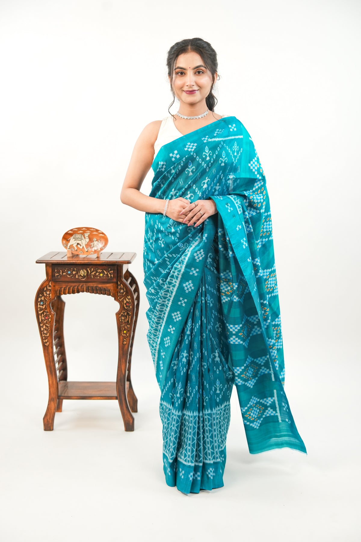 Sea Green Khandua Silk Saree with Wave & Tree Ikat Motifs