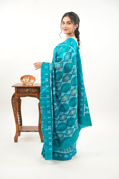 Sea Green Khandua Silk Saree with Wave & Tree Ikat Motifs