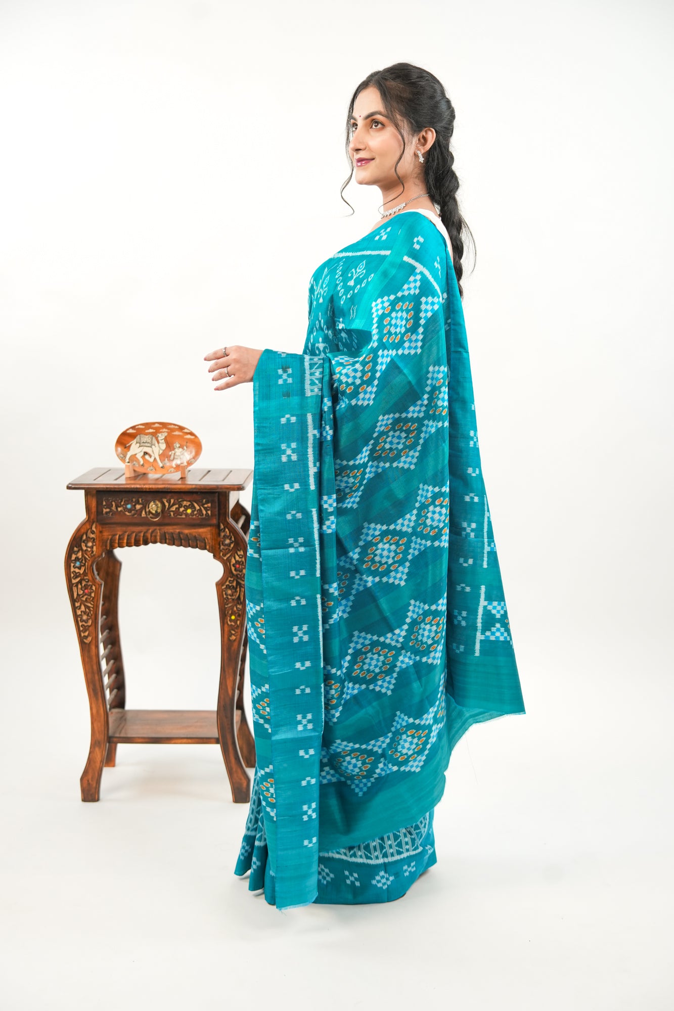 Sea Green Khandua Silk Saree with Wave & Tree Ikat Motifs