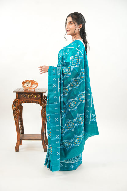 Sea Green Khandua Silk Saree with Wave & Tree Ikat Motifs