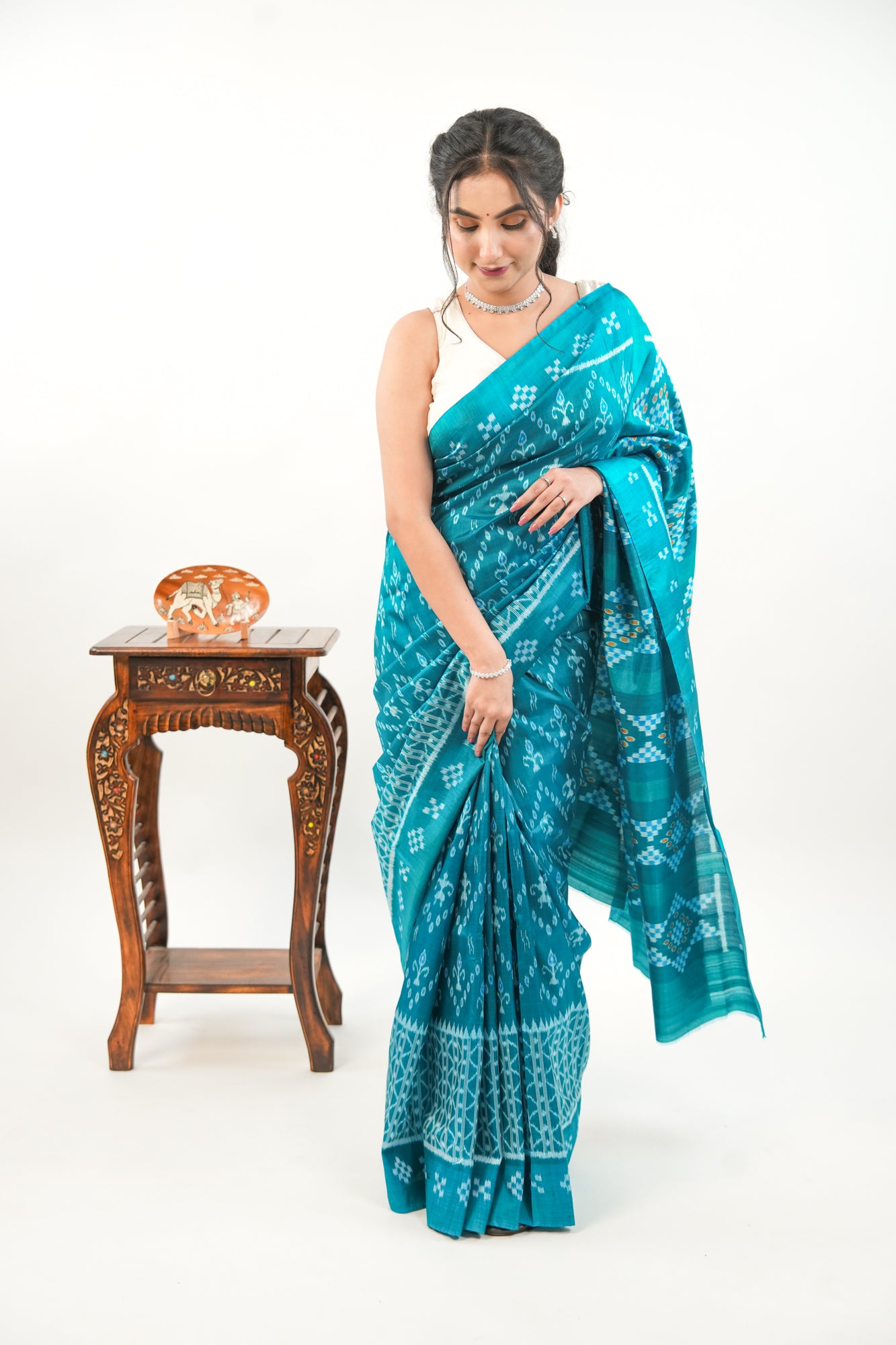 Sea Green Khandua Silk Saree with Wave & Tree Ikat Motifs