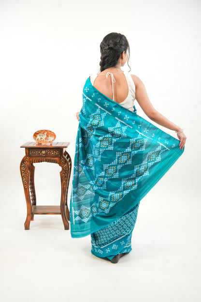 Sea Green Khandua Silk Saree with Wave & Tree Ikat Motifs