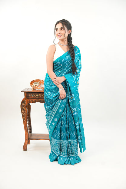 Sea Green Khandua Silk Saree with Wave & Tree Ikat Motifs