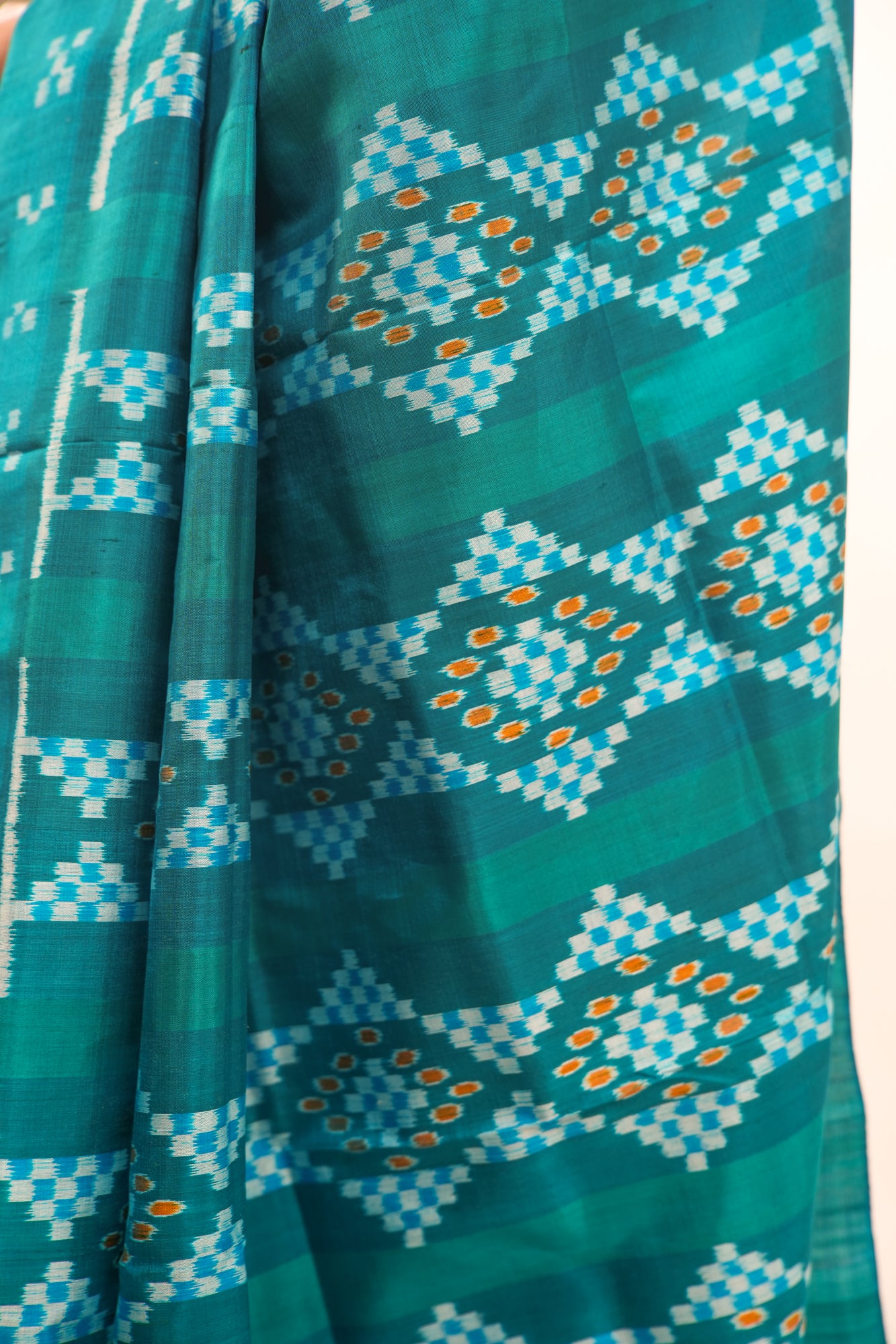 Sea Green Khandua Silk Saree with Wave & Tree Ikat Motifs