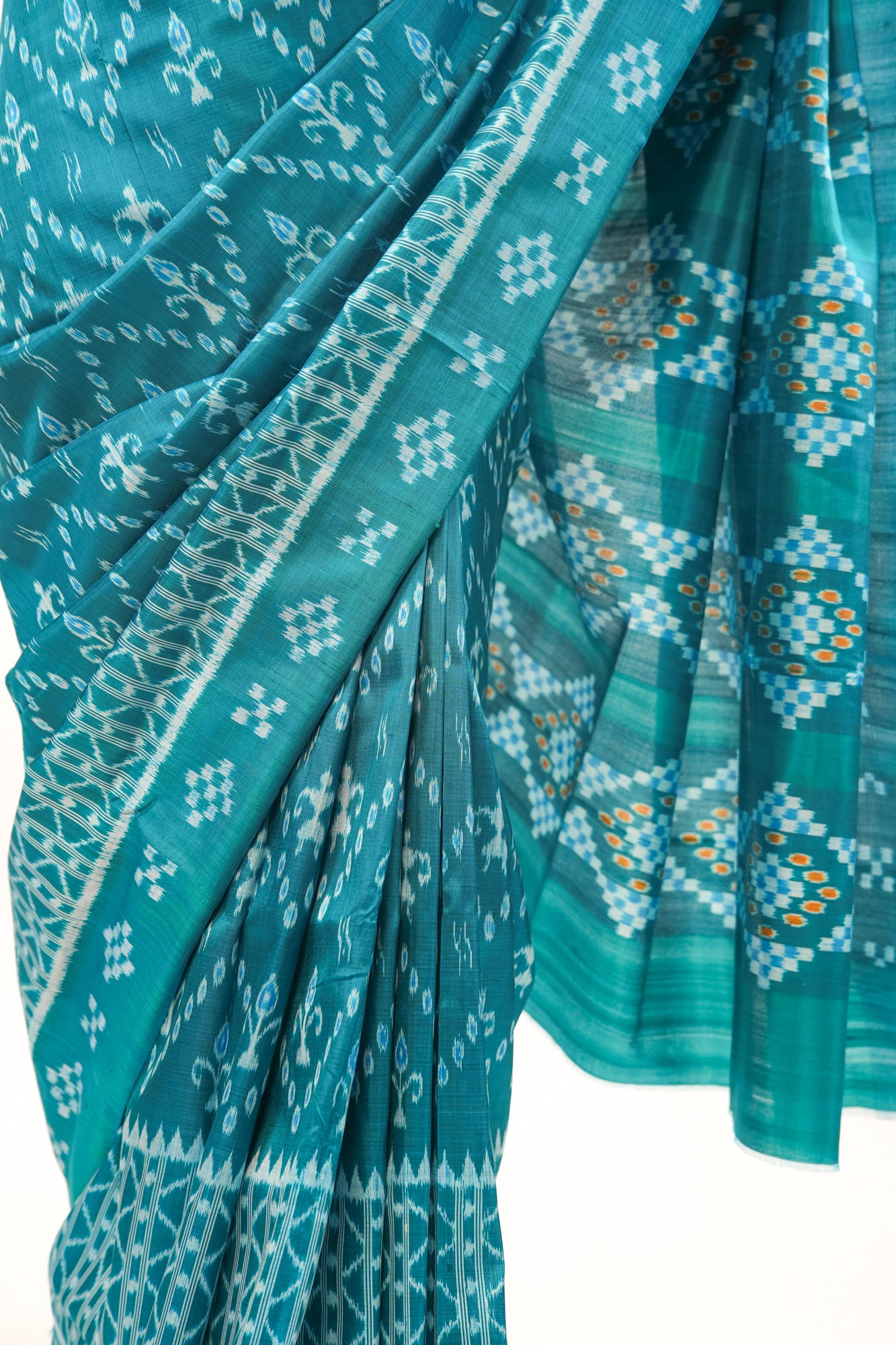 Sea Green Khandua Silk Saree with Wave & Tree Ikat Motifs