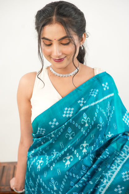Sea Green Khandua Silk Saree with Wave & Tree Ikat Motifs
