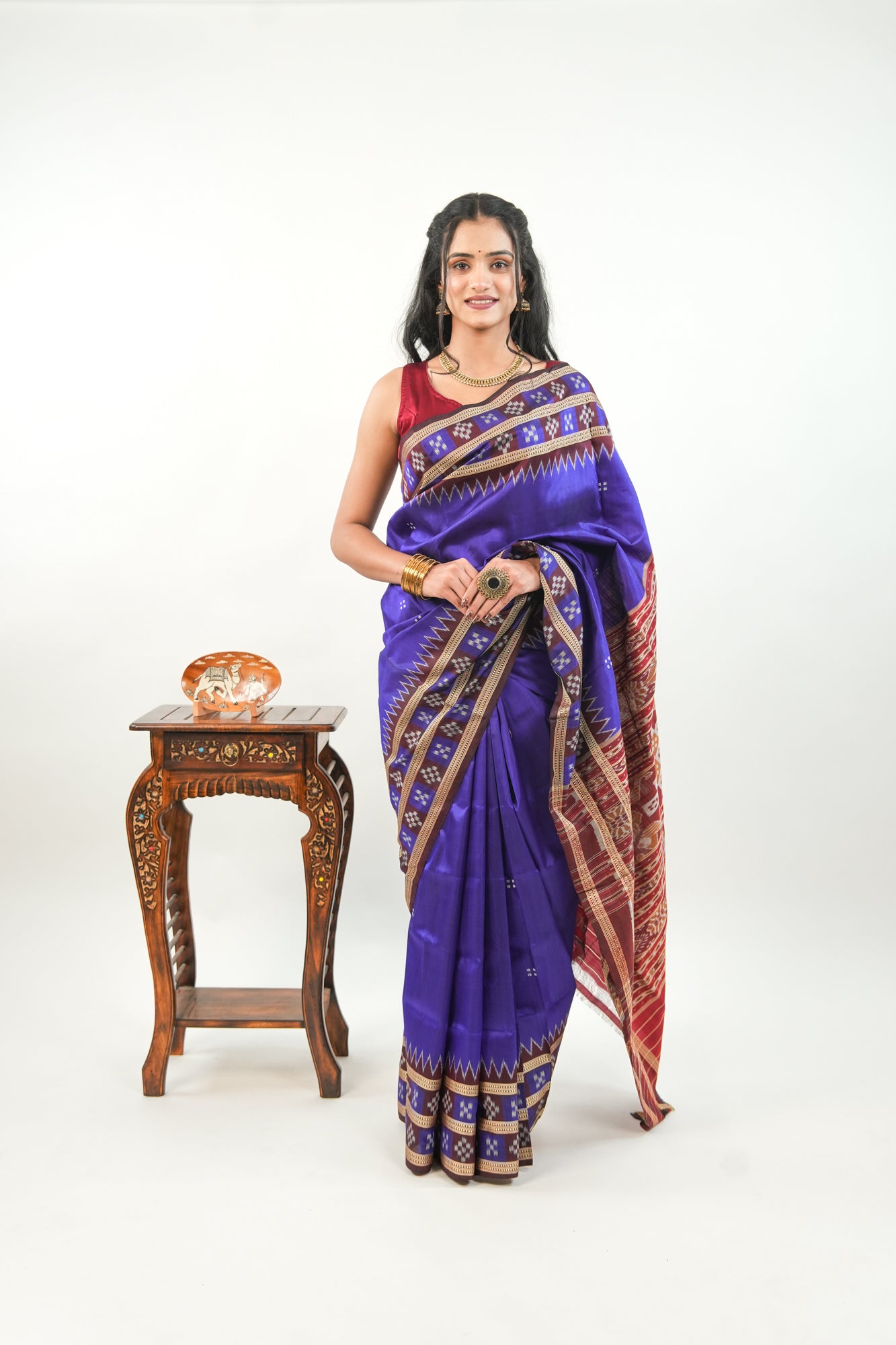 Indigo Blue Khandua Silk Saree with Maroon Geometric Ikat Border